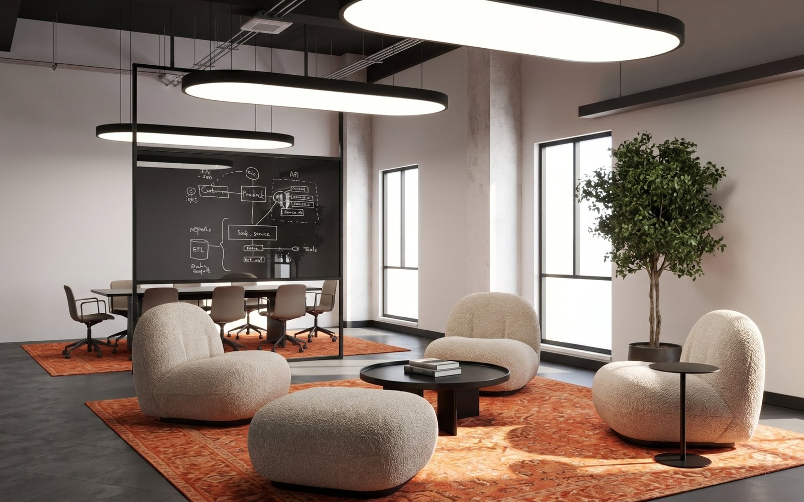 Geniş pencerelerden gün ışığı alan, bitkilerle zenginleşen çalışma alanı