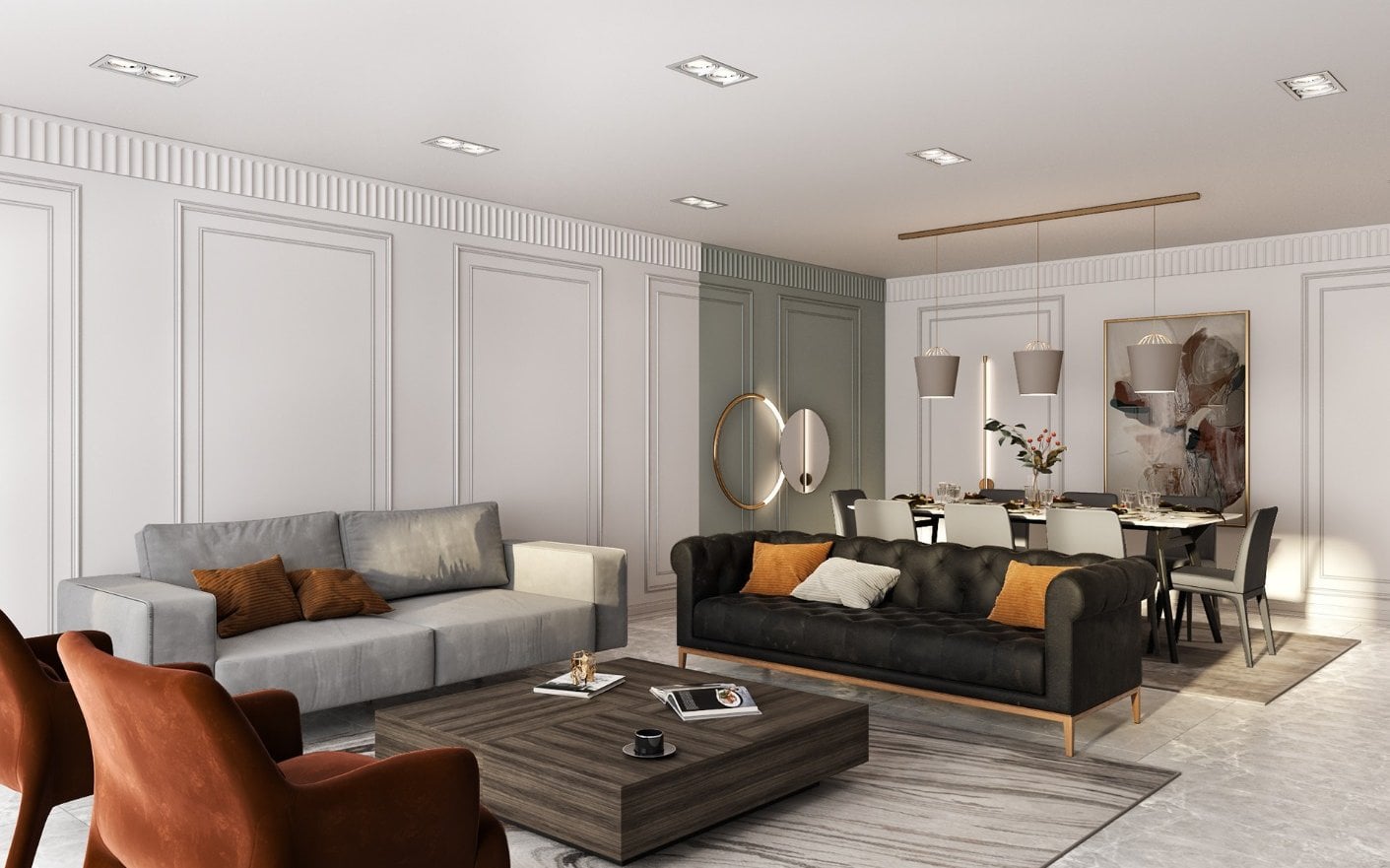 Oturma ve yemek alanını tek mekânda birleştiren açık plan salon tasarımımız