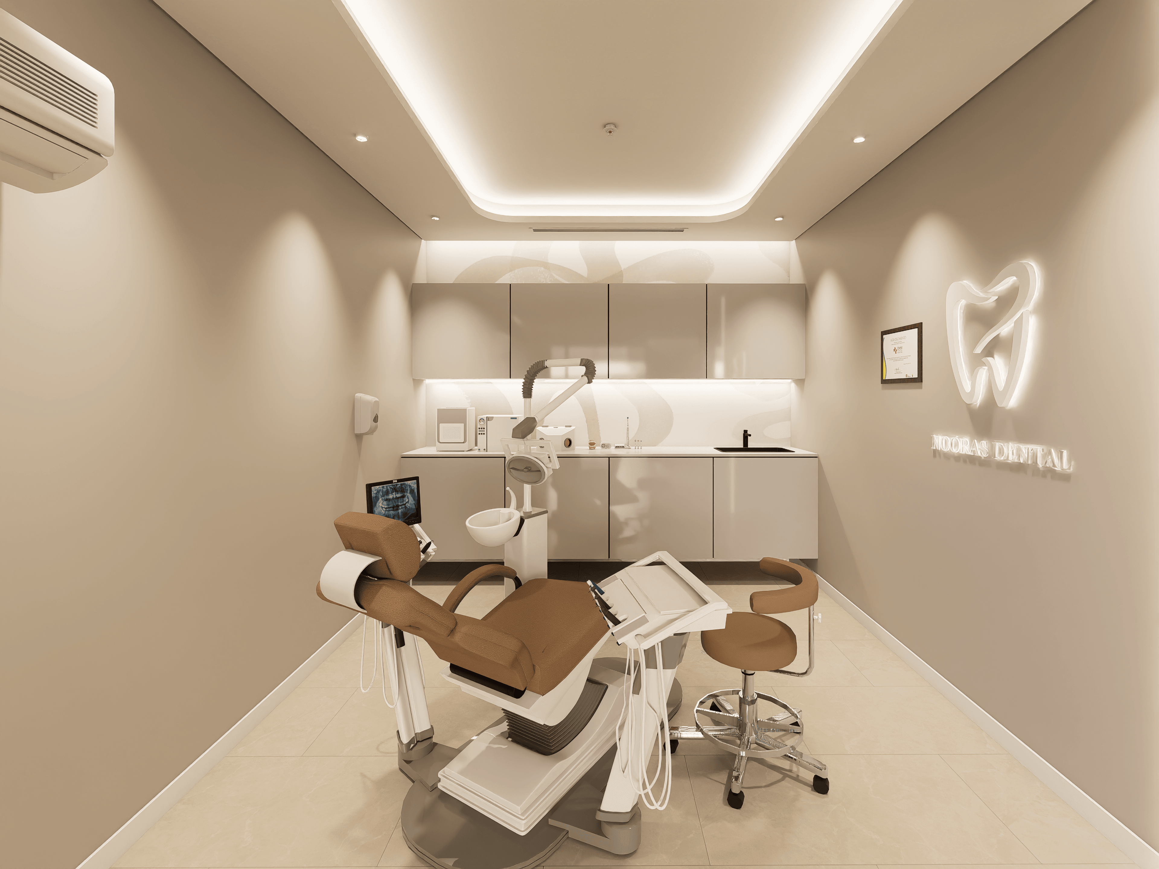 Nooras Dental projemizde sıcak toprak tonları ve gizli aydınlatmayla tasarlanan muayene odası